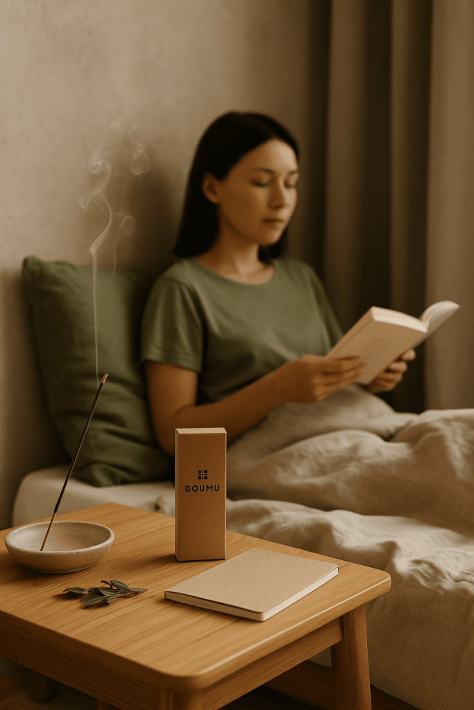 Woman reading in bed with lit incense on bedside table and Doumu packaging – sustainable sleep ritual